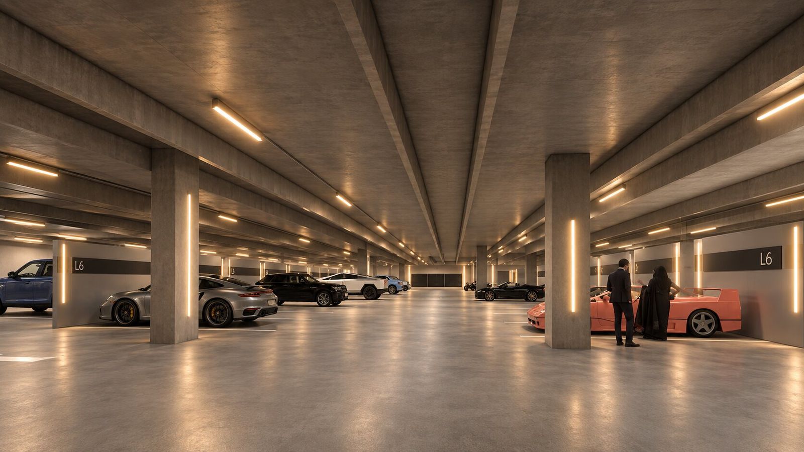 Secured storage floor at Level 6 Motor Club with named member bays and exotic vehicles
